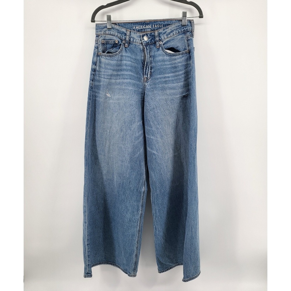 American Eagle Wide Leg Jeans Distressed High Waisted Denim Blue 2 short 30X30
